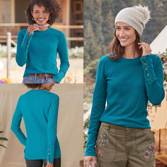 Sundance • Thermal Boho Teal Long Sleeve Crewneck Trendy Chic Layering Medium - Picture 1 of 15